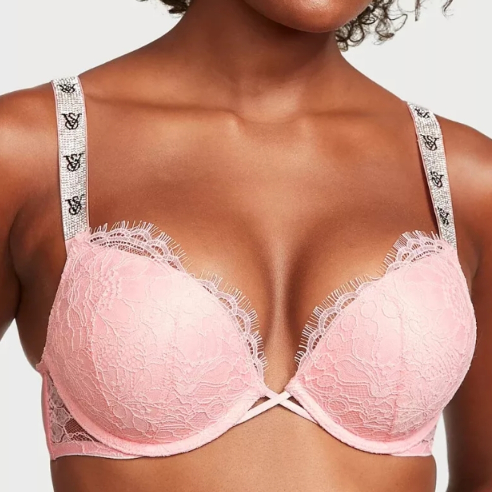 Victoria's Secret Bombshell Plunge Shine Strap Plunge Push Up Bra Eyelash 32D - Picture 2 of 11